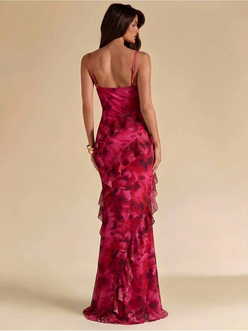 Fuchsia Pink Floral Ruffle Slip Maxi Dress - 8/10 - Picture 2 of 6